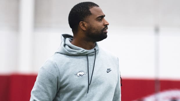 Razorbacks secondary coach Deron Wilson at the indoor practice facility